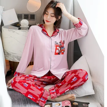

Lady Cute Peter Pan Collar 2PCS Print Animal Pajamas Sets Full Sleeve Pyjamas Sleep Suit Sleepwear Autumn Spring Sexy Nightwear