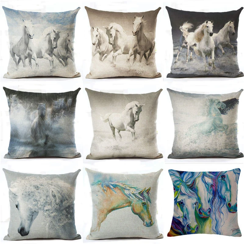 

Horses Cotton Linen Cushion Cover Steed Animal Throw Pillows Home Sofa Decor Comfortable Seat Pillow Covers 45*45 CM