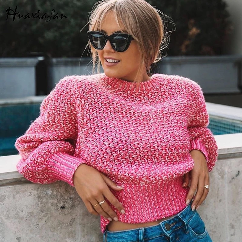 

Huaxiafan women sweater O neck pullovers long sleeves solid color ladies sweet short loose sweaters knitted autumn office wears