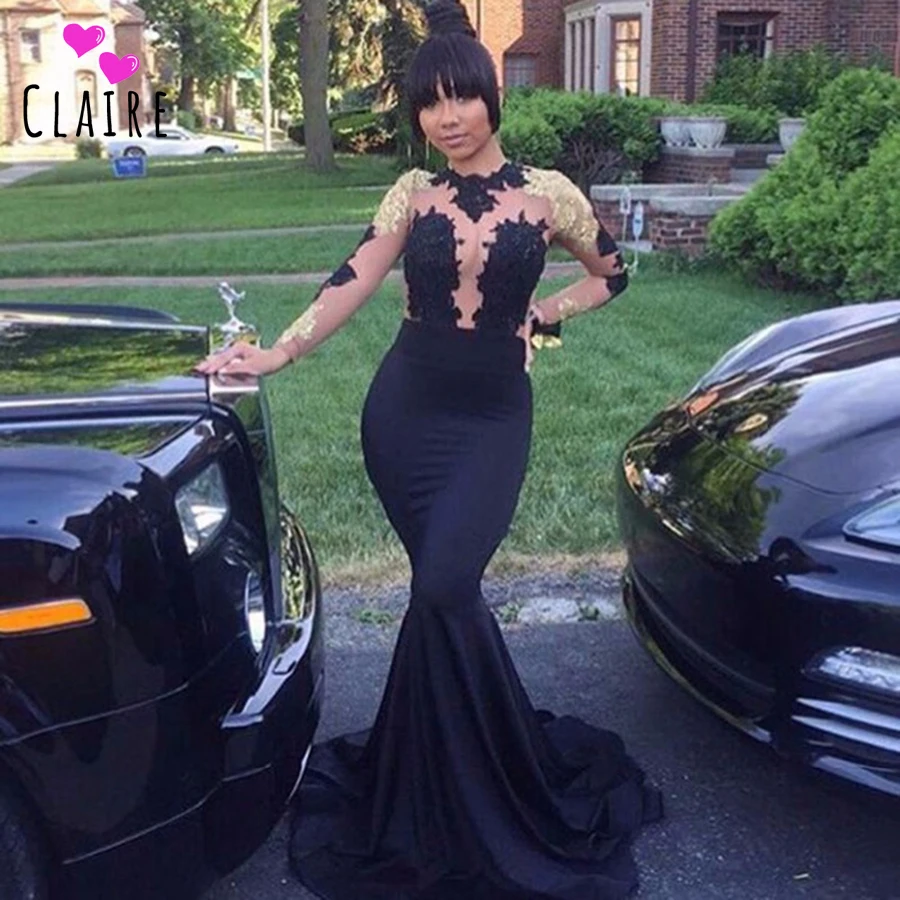 Black and Gold Prom Dresses Mermiad O Neck Satin Lace See ThroUgh Formal Long Evening Gowns Sweep Train CP034