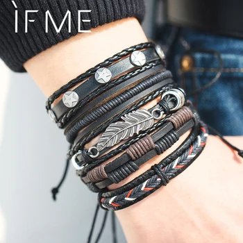 

Vintage Leaf Feather Multilayer Leather Bracelet Men Fashion Braided Handmade Star Rope Wrap Bracelets & Bangles Male Gift