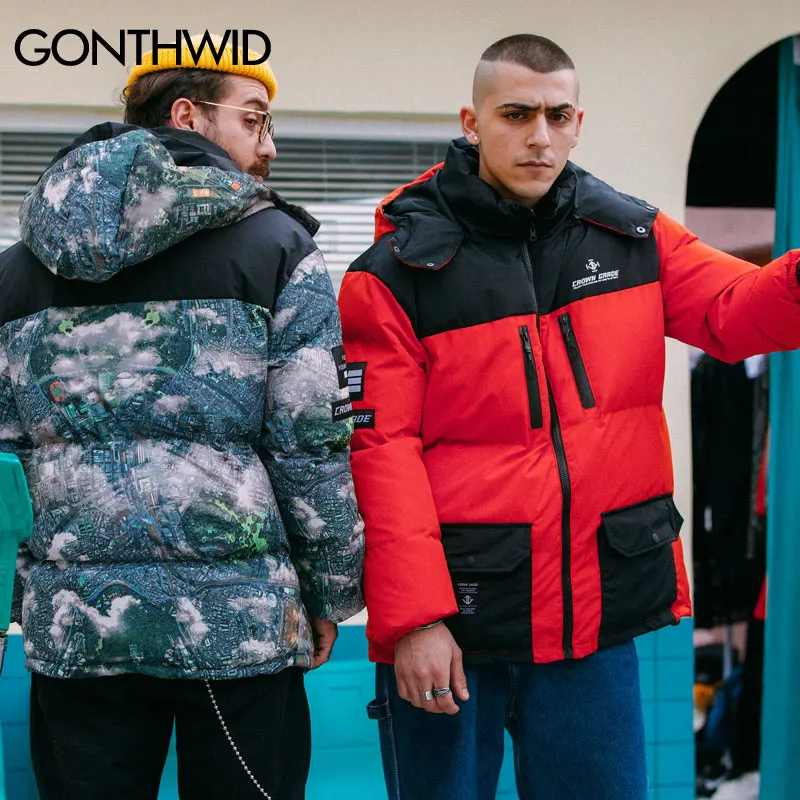 GONTHWID/Цветные лоскутные куртки-парки с капюшоном на молнии и карманами, Уличная Повседневная хлопчатобумажная с мягкой набивкой парка в стиле хип-хоп