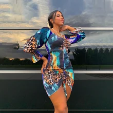 Mini robe froncée à manches bouffantes pour femmes, tenue de soirée Sexy, col carré, imprimé léopard, cordon à lacets, moulante, 2021 