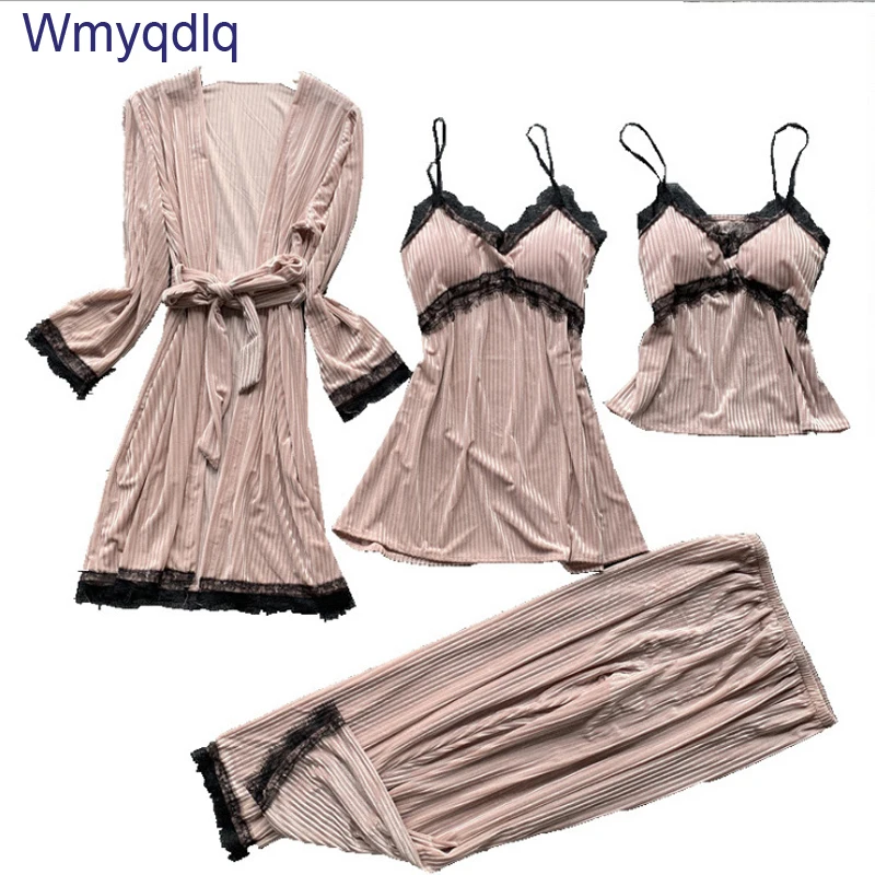 

Wmyqdlq Autumn And Winter Nightgown With Chest Pad Velvet Feminine Four-Piece Plush Thick Long-Sleeved Home Service Pyjamas