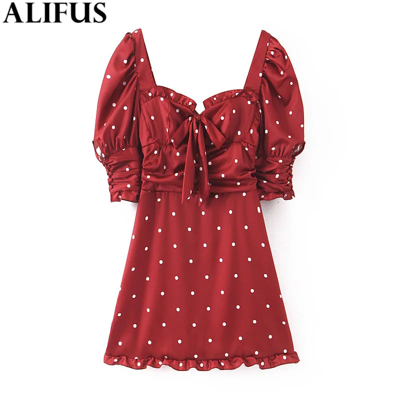 

Fashion Za Women Mini Dress 2019 Vintage Polka Dot Square Collar Puff Sleeve Kawaii Chiffon Dresses Female Ladies Vestidos
