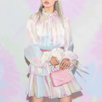 

Women Tie Dye Ruffles Dress Stand Collar Lantern Sleeve Lace Up High Waist Tunic Summer Dress