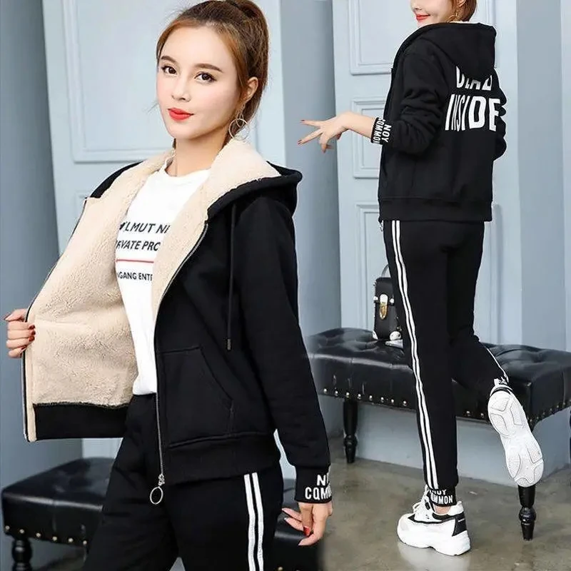 Winter Thicken Warm Lamb Wool Tracksuit Women Two Piece Set Casual Hooded Zip Up Sweatshirt Plus Velvet Pant Suit Loungewear