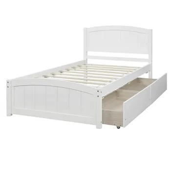 

Twin Platform Storage Bed Wood Bed Frame with Two Drawers and Headboard Solid Wood Sleeping Single Bed Frame Home Furniture
