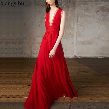 

Red Sexy Lace Patchwork Long Dress Women Elegant Fashion Deep V Neck Dresses Female Summer Streetwear 2020 High Waist Dresses