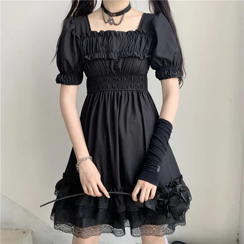 Japanese Women Victorian Gothic Square Collar Lace Ruffles Black Lolita Dress Summer Girls Steampunk Puff Sleeve Mini Dresses