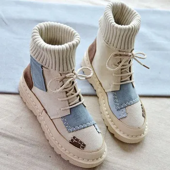 

Ankle Boots For Women Sock Boots 2020 Fashion Patchwork Ladies Casual Platform Flat Woman Warm Plush Female Sewing Shoes