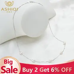 ASHIQI Настоящее серебро 925 проба ожерелье цепь 6-7 мм натуральный пресноводный ювелирные изделия из жемчуга для женщин подарок