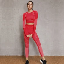 Бесшовный комплект для йоги Женская спортивная одежда с высокой талией спортивные Леггинсы с длинным рукавом для фитнеса укороченный топ 2 шт. одежда для тренировок