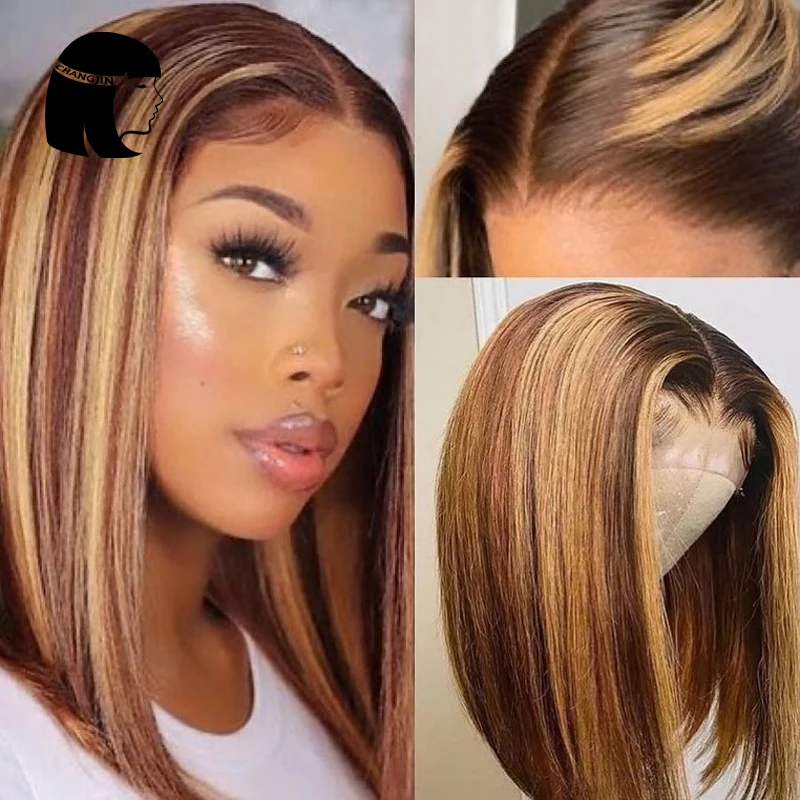 Honey Blonde Straight Frontal Wig Transparent Lace Wigs Highlight Lace Front Human Hair Wigs T Part Brazilian Short Bob Wig