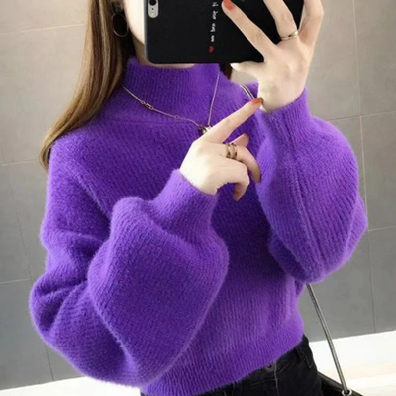 

Short Sweater Purple Solid Kawaii Soft Woolen Winter Girls Mohair Autumn Pullover Lantern sleeves Loose Cashmere Velvet knitted