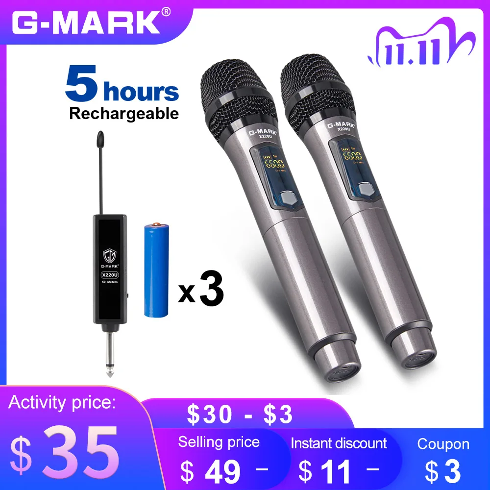 Wireless Microphone G-MARK X220U UHF Recording Karaoke Handheld 2 Channel Lithium Battery 50m For Stage Church Party School 1