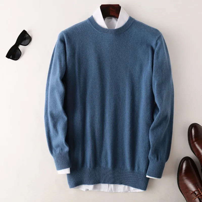 Autumn Winter New 100%Pure Wool Sweater Men's O-Neck Warm Plus Size Pullover Pure Color Loose Cashmere Knit Casual Base Shirt 4