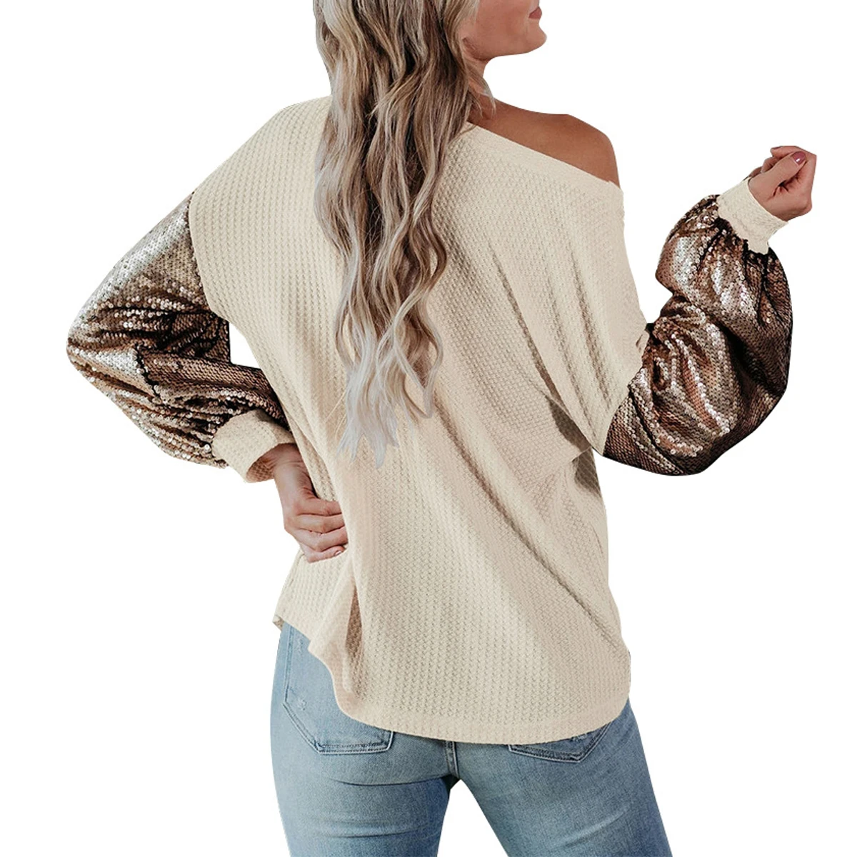 2020 Women’s Sequins Stitching Sweater Loose Long Sequins Sleeve Solid Color Pullover Cardigan Autumn and Winter Jumper T Shirt