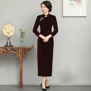 

Plus Size 5XL Female Velvet Qipao Burgundy Classic Chinese Traditional Formal Party Dress Vintage Button Cheongsam Sexy Vestidos