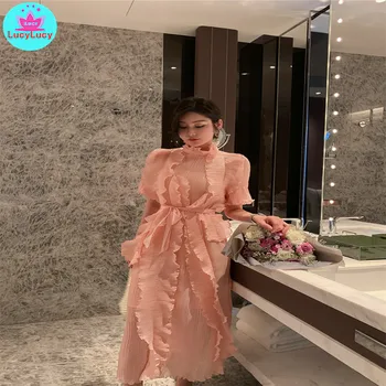 

2019 summer new women's Korean style waist tie with wooden ears ruffled pleated chiffon dress Ankle-Length Petal Sleeve