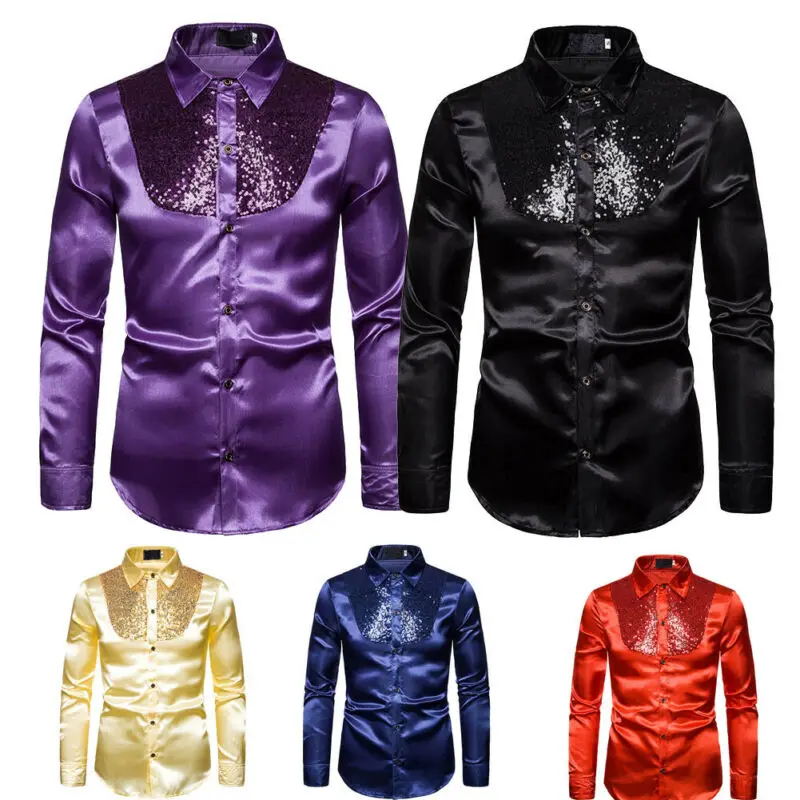 Men top Stage Dance Nightclub Prom Costume Men's Luxury Sequin Glitter Shirts Long Sleeve Silk Satin Shiny Disco Party Shirt