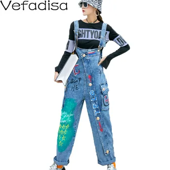 

Vefadisa Hand-painted Denim Overalls Women 2020 Autumn Letter Graffiti Denim Jumpsuits Sleeveless Suspender Pants Loose QYF4005