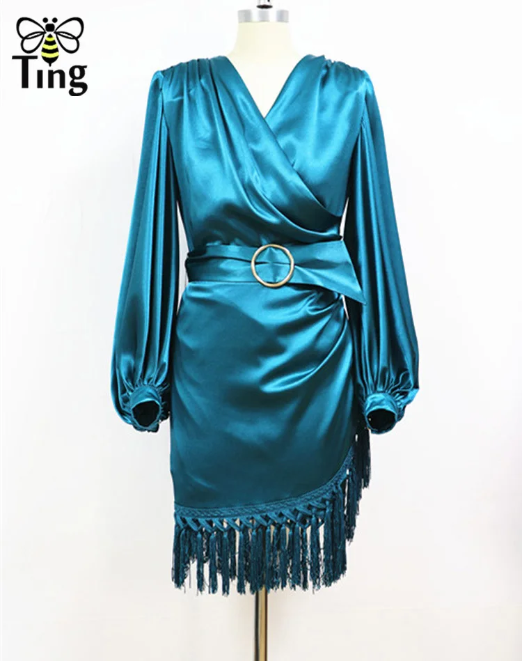 Tingfly Подиумные дизайнерские сексуальные мини Вечерние платья с кисточками женские весенние атласные Короткие Роскошные Клубные платья с кисточками - Цвет: Синий