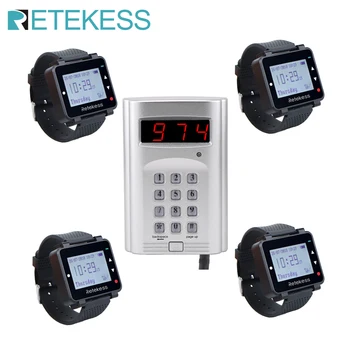 

Retekess Wireless Calling System Keyboard Transmitter + 4 T128 Watch Receivers Restaurant Pager Kitchen Cafe Hospital