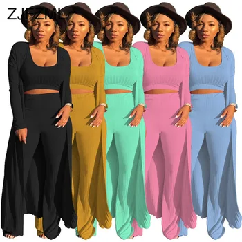 

Solid Ribbed Sexy 3 Piece Set Women Scoop Neck Tank Tops + High Waist Long Pants + Full Sleeve Long Cardigan Plus Size Tracksuit