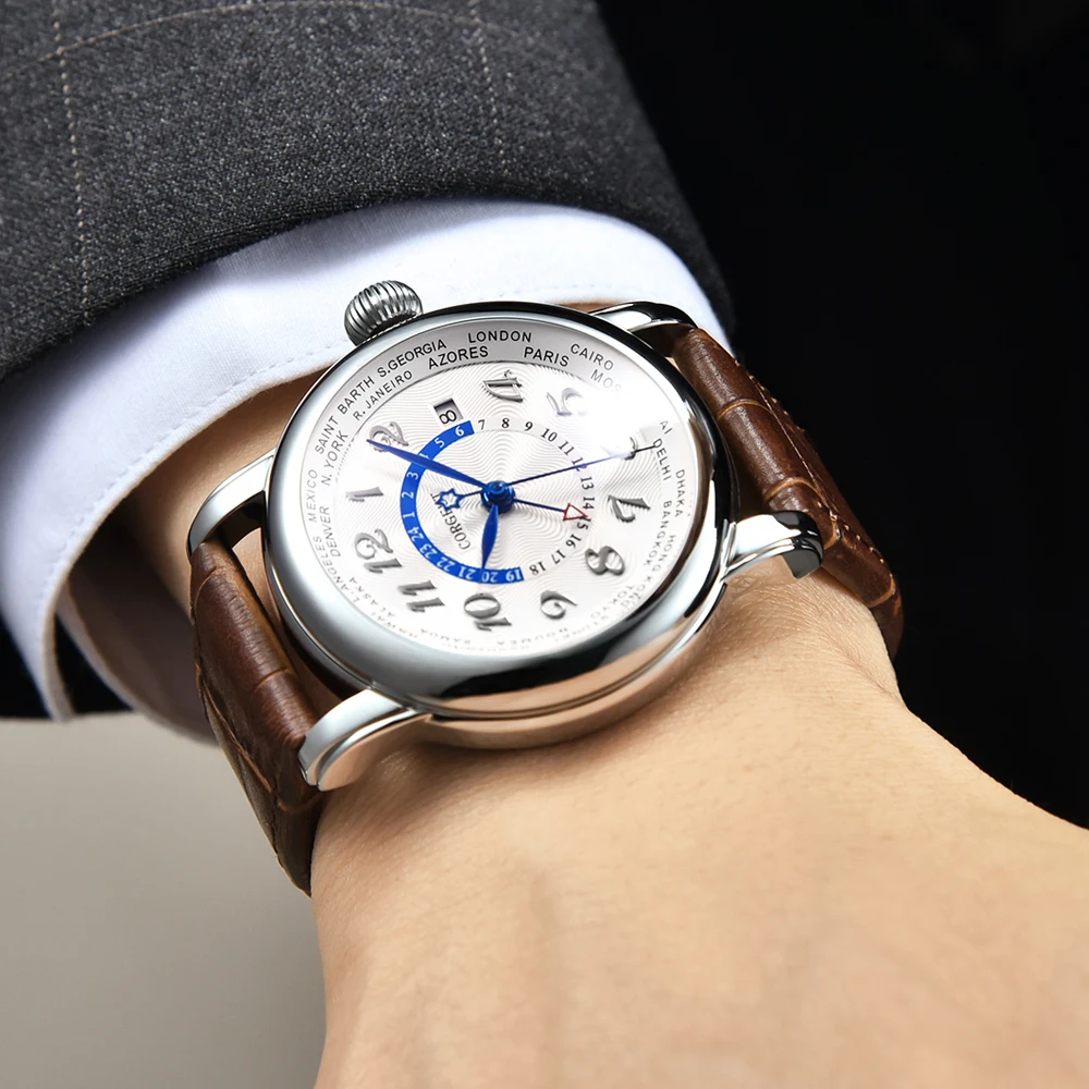 Ceny Corgeut zegarek mechaniczny luksusowej marki moda top skórzany podwójny czas strefy GMT automatyczny zegarek męski skórzany mechaniczny zegarek na rękę