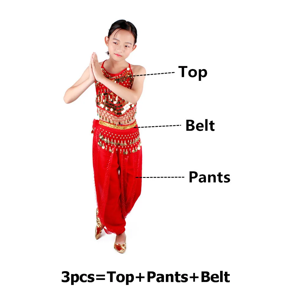 Red 3pcs Одежда для танцев, костюмы для танца живота, комплект для детей, для восточных танцев, для девочек, для танца живота, индийская одежда для танца живота, для детей, для индийских танцев - Цвет: Red 3pcs