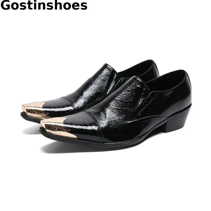 

Men Casual Shoes Black Genuine Leather Shoes Snakeskin Printed And Metal Capped Toe Slip On Men Leather Shoes Fashion Men Loafer