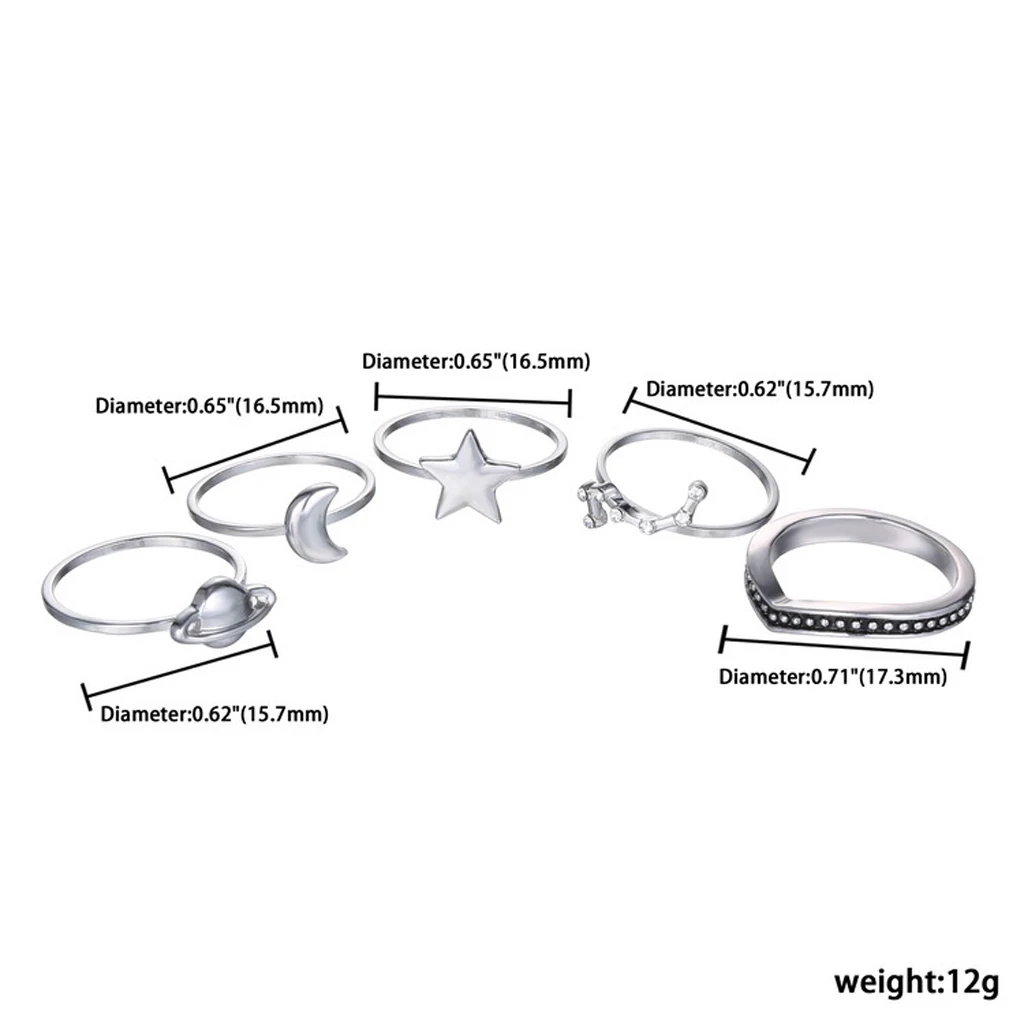 5 pcs Gothic Crystal Stack Above  Sun Moon Heart Midi Finger Ring Ancient silver color