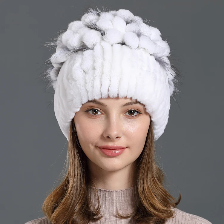 White Новые шапки-шапочки из натурального меха с цветочным дизайном из натурального кроличьего меха, женские теплые эластичные шапки свободного размера с подкладкой из кроличьего меха - Цвет: White