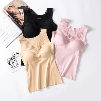 

Women Spring Autumn Solid Color Seamless Tank Top Built In Bra Fashion Sexy Lace Thick Warm Bottoming Tops