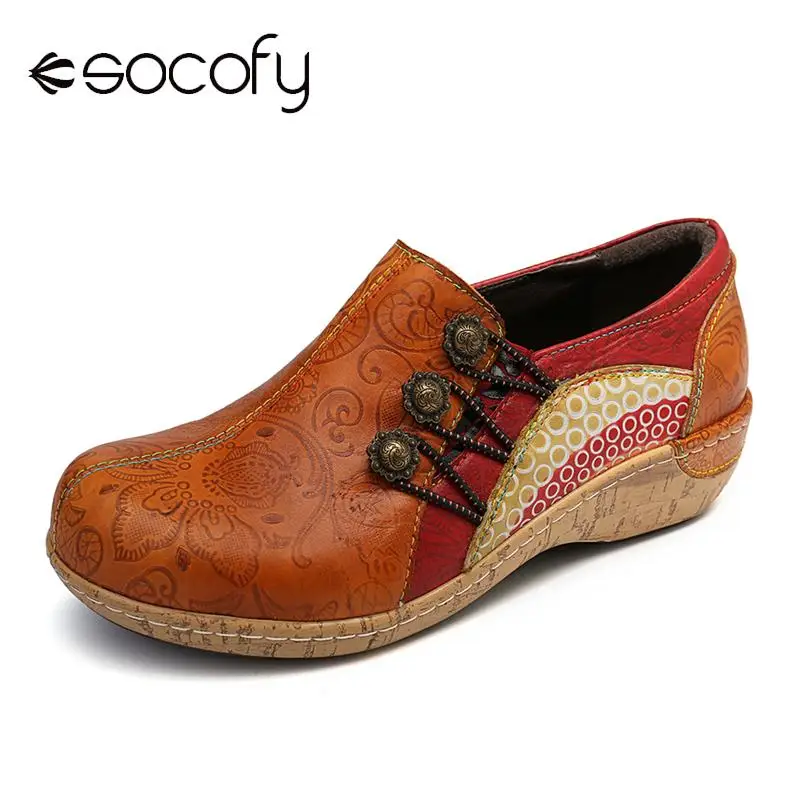 

SOCOFY Retro Flats Pattern Genuine Leather Splicing Stitching Comfortable Slip On Buckle Flat Shoes Women Summer Flats 2019