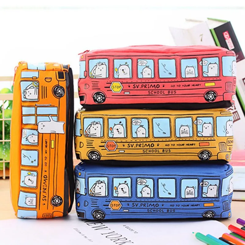 Creative Cute Small Animal School Bus Stationery Canvas Pencil Case Organizer Pencil Bag Gift Office School Stationery Supply