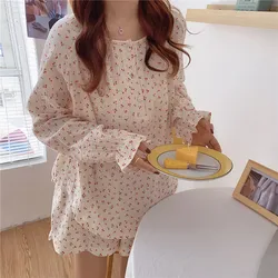 Korean Pajama Mujer Cherry Print Cotton Yarn Sleepwear Set Long Sleeve Top+Shorts Ruffle Homewear Skin-Friendly Breathable S1029