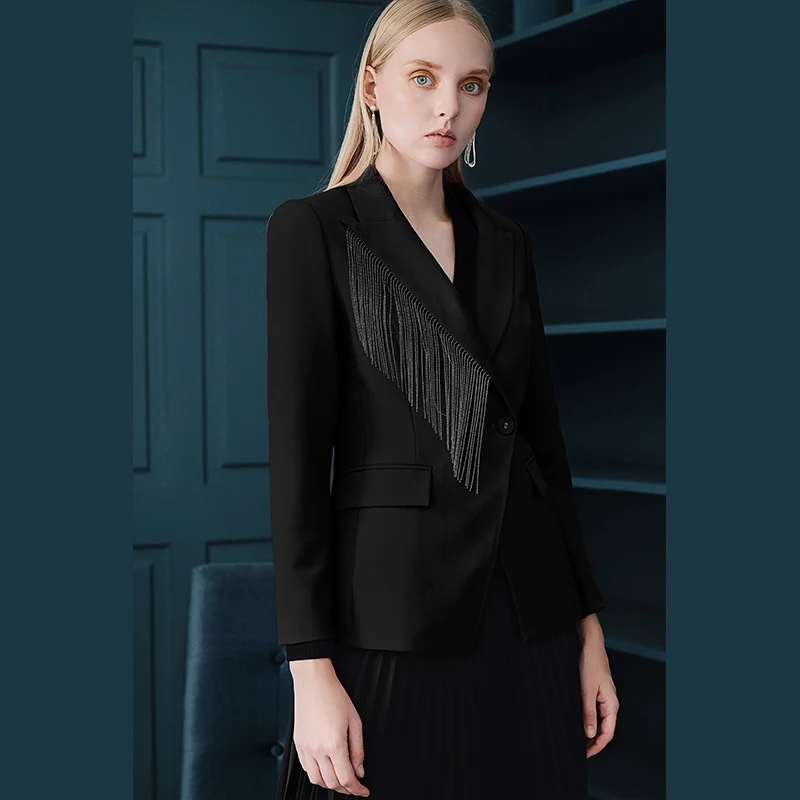Черный Classic Slim Fit Women Blazer Notched Collar Female Suits Coat Fashion Autumn Winter Runway Tassel Design Red Black Jacket - Цвет: Черный