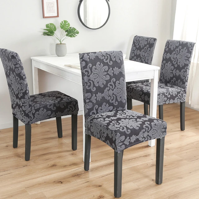Knitted Jacquard Stretch Dining Chair Seat Cover 6 Grey Slipcovers Of Set Removable Covers