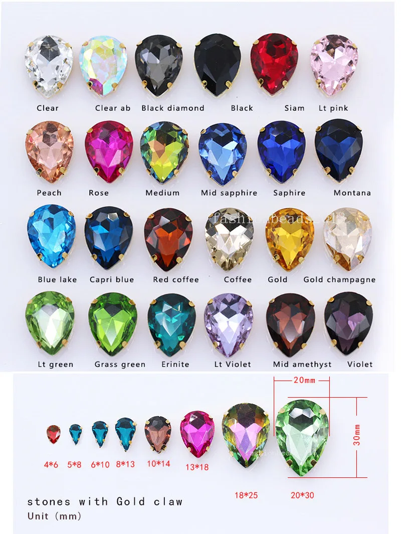 Multi Sizes 24-Colors Sew On Water Drops Rhinestone Golden Claw Teardrop 4-Holes For Jewels Needlework Wedding Dress Bag Trims