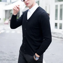 Новейший мужской повседневный однотонный вязаный кардиган, мужское модное однобортное пальто с v-образным вырезом и длинным рукавом