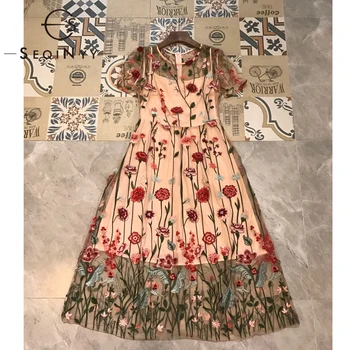 

SEQINYY Mesh Dress 2020 Summer Spring New Fashion Design Women Short Sleeve Flowers Embroidery A-line Midi Elegant Dress Runway