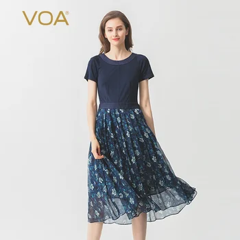 

VOA 33 mm silk knitted blue splice round collar cuff tuck trim party summer dress women vestidos clothes vintage dresses A10661