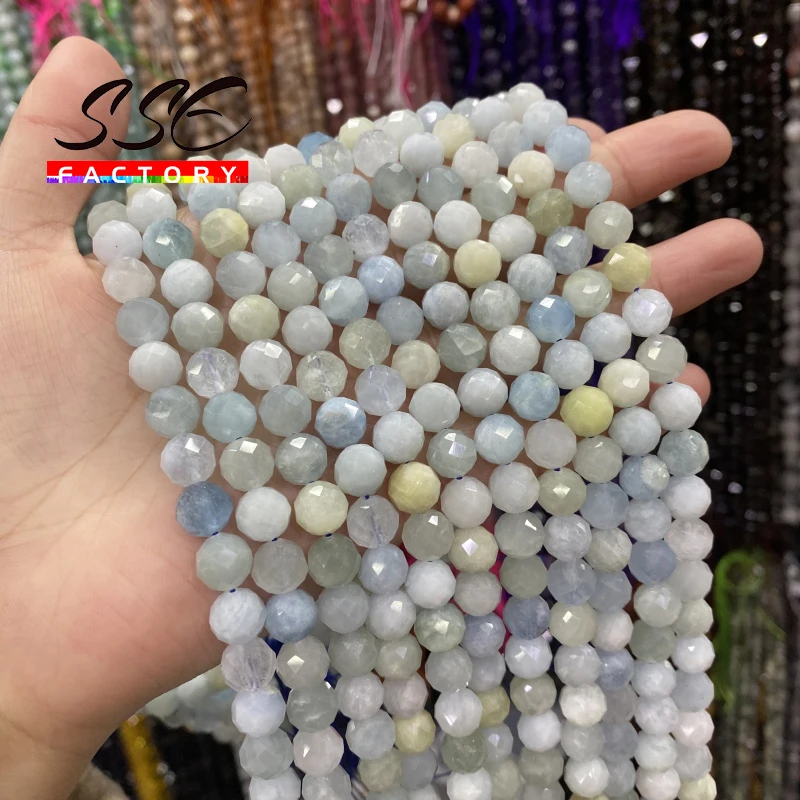 Faceted Natural Aquamarines Stone Beads Loose Spacer Beads For Jewelry Making DIY Bracelets Necklace Accessories 6 8 10mm 15''