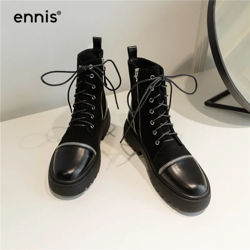 ENNIS/черные ботильоны martin; женские ботинки из натуральной кожи на платформе; зимние ботинки на плоской подошве со шнуровкой; обувь на молнии; модная Осенняя обувь; A9350