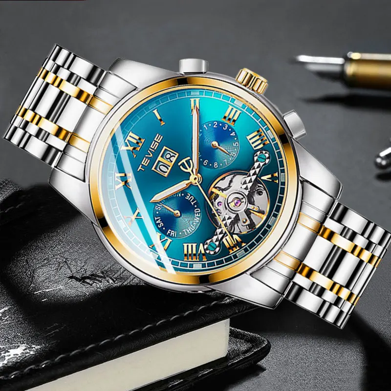 TEVISE Топ бренд автоматические часы мужские роскошные механические часы Полный календарь из нержавеющей стали водонепроницаемые часы Montre Homme
