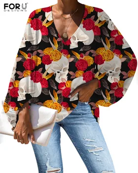 

FORUDESIGNS Femme Spring Clothes Harajuku Style Casual Loose Tops Skull Flower Print V-Neck Blouse Flare Sleeve