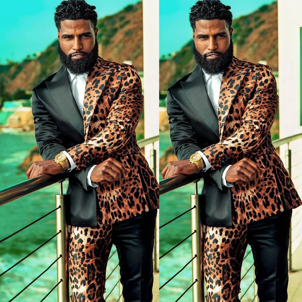 Unique Leopard Men Wedding Tuxedos 2 Pieces Groom Pants Suits Party Prom Jacket Business Wear Outfit traje hombre men suit set