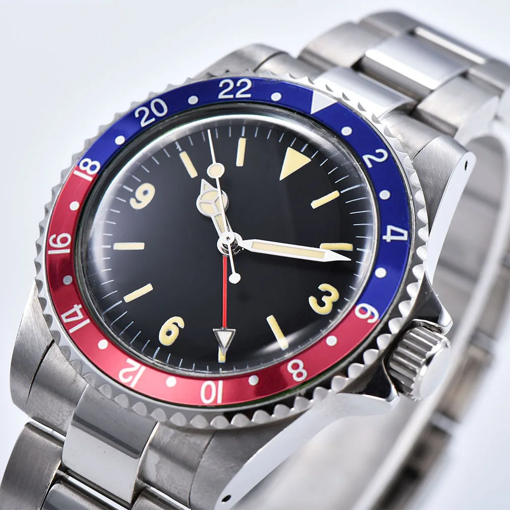 

1960 Retro GMT Watch Men's Automatic Mechanical 39.5mm black Sterile Dial blue red Aluminum Sheet Bezel Luminous 03